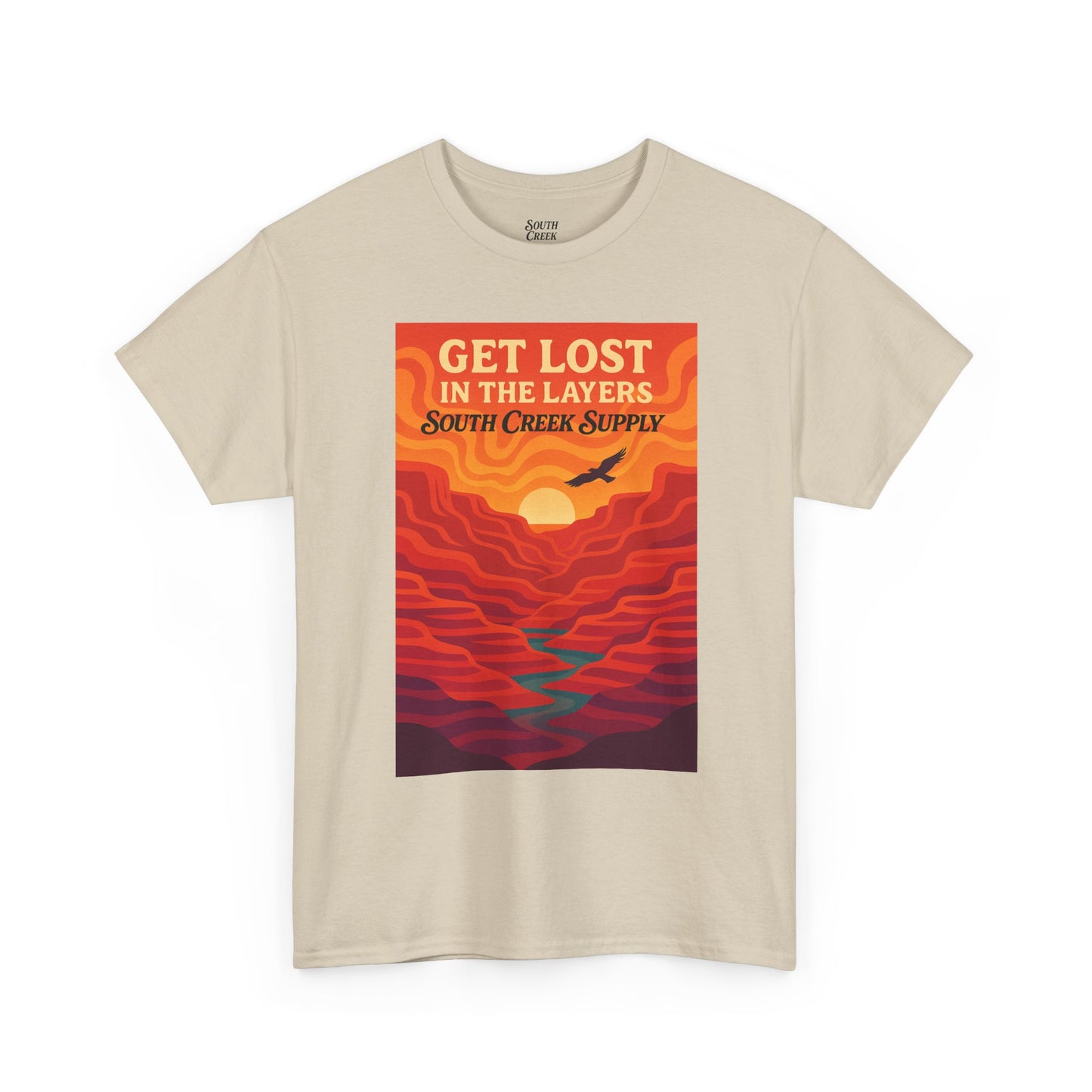 Get Lost in the Layers T‑Shirt — Retro Sunset Hiking Graphic Tee