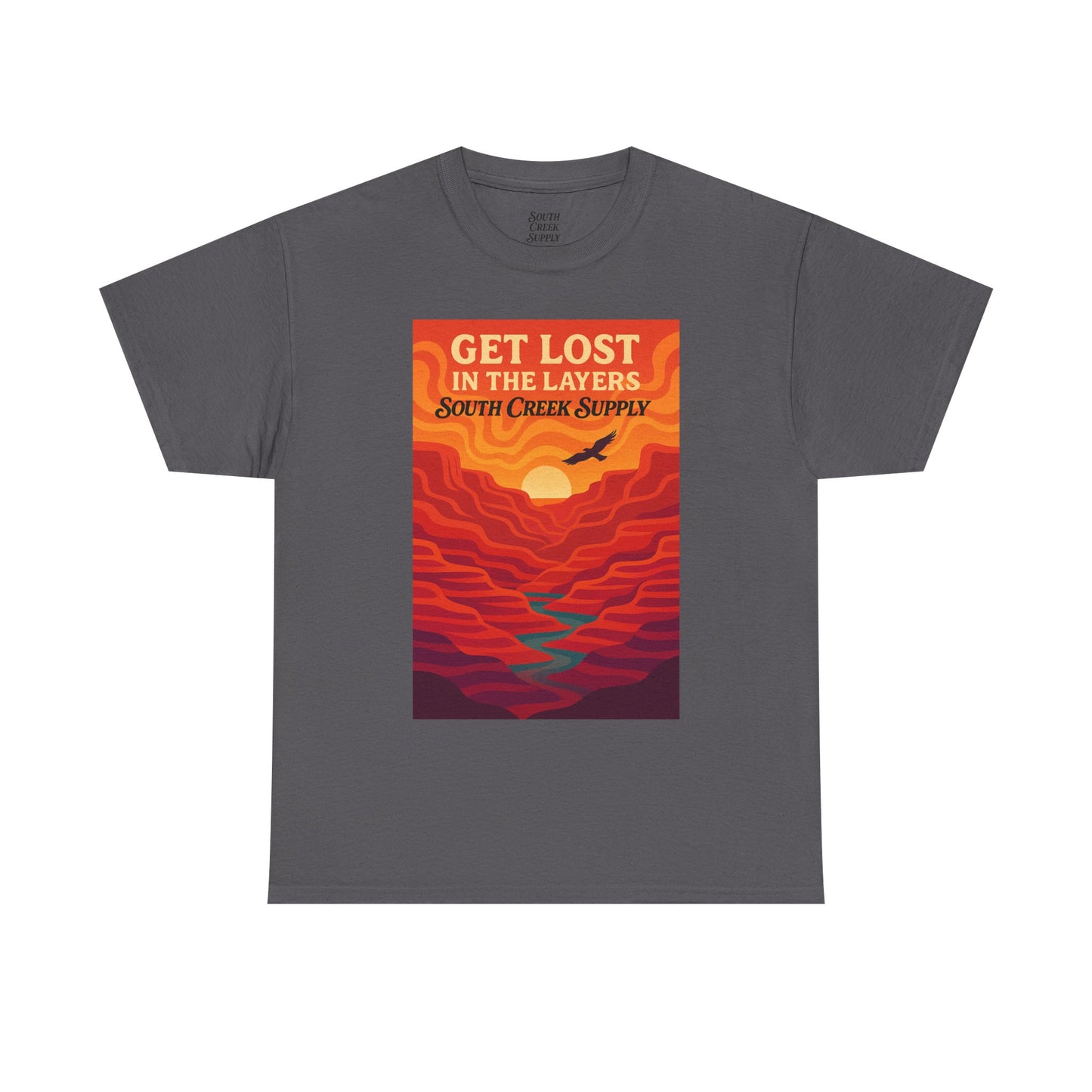Get Lost in the Layers T‑Shirt — Retro Sunset Hiking Graphic Tee