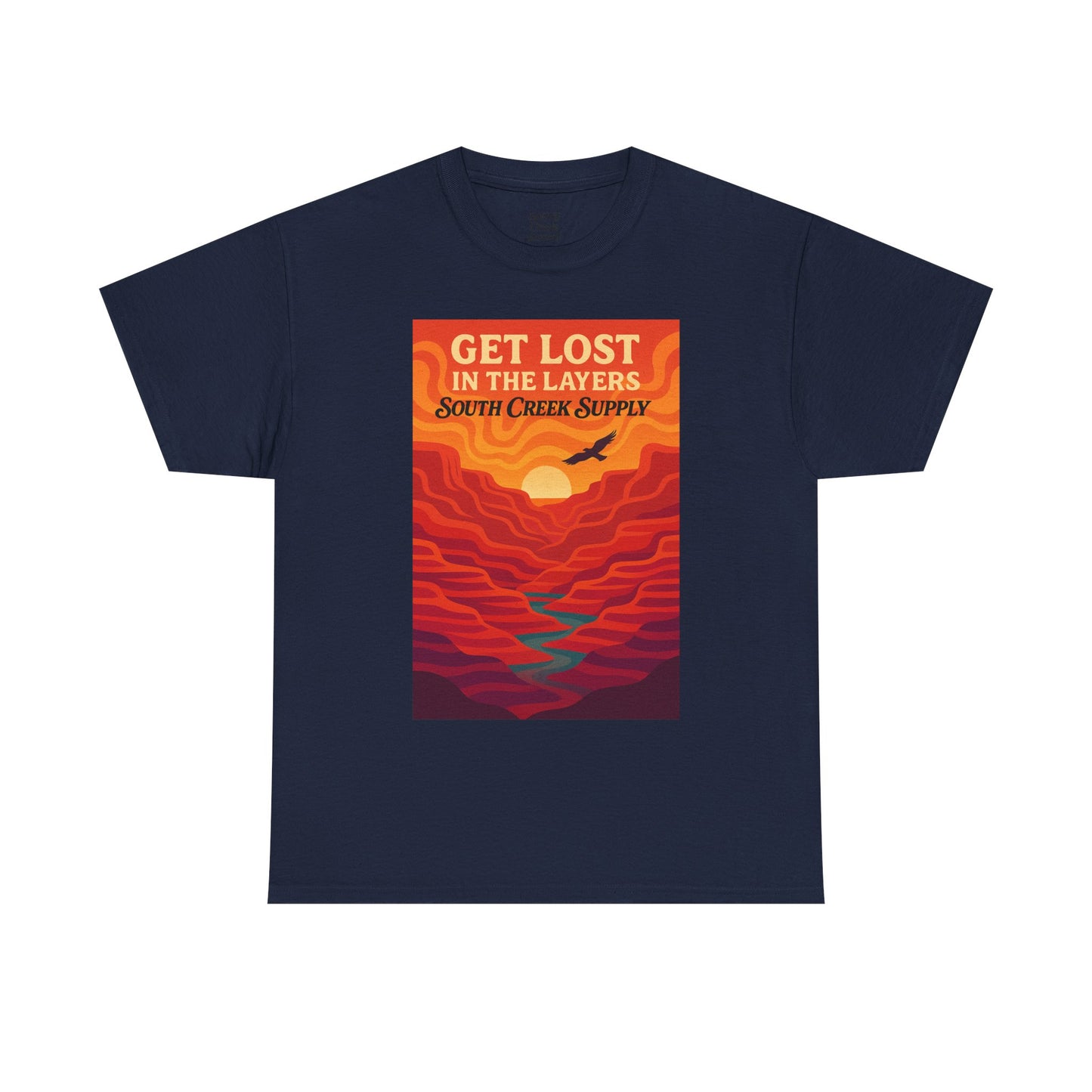 Get Lost in the Layers T‑Shirt — Retro Sunset Hiking Graphic Tee