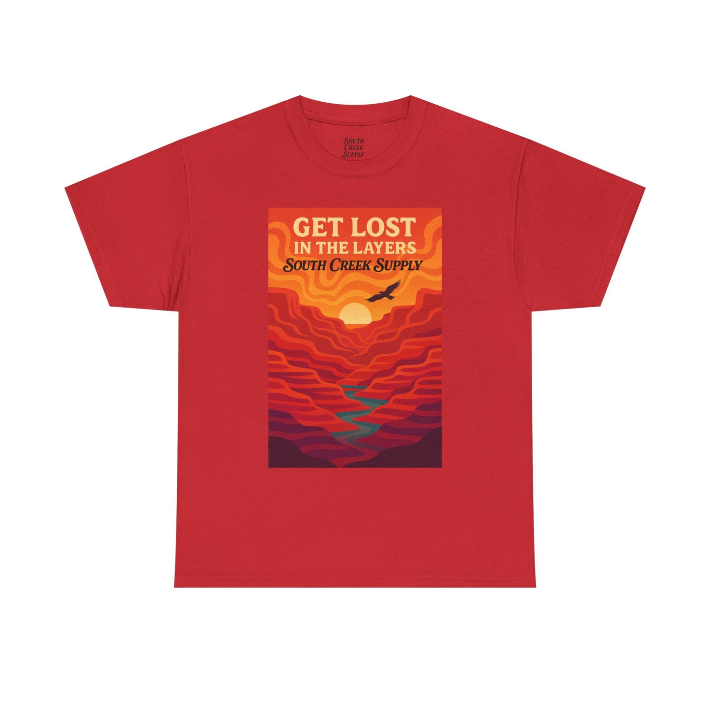 Get Lost in the Layers T‑Shirt — Retro Sunset Hiking Graphic Tee