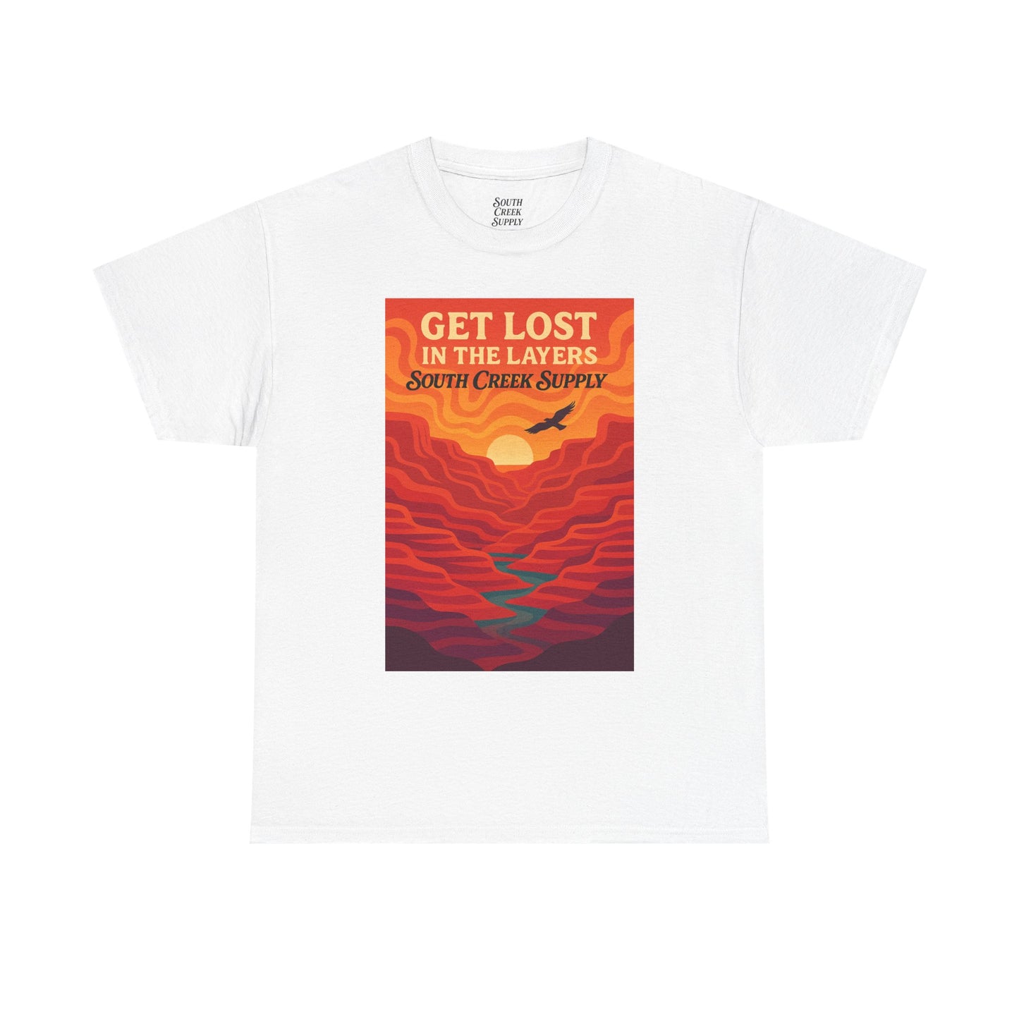 Get Lost in the Layers T‑Shirt — Retro Sunset Hiking Graphic Tee