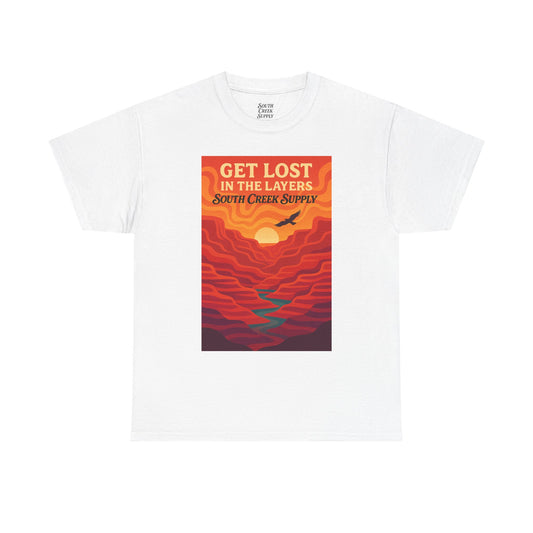 Get Lost in the Layers T‑Shirt — Retro Sunset Hiking Graphic Tee