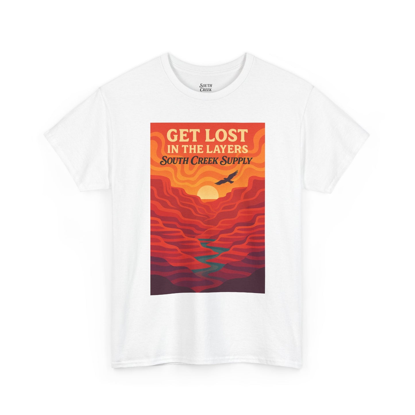 Get Lost in the Layers T‑Shirt — Retro Sunset Hiking Graphic Tee