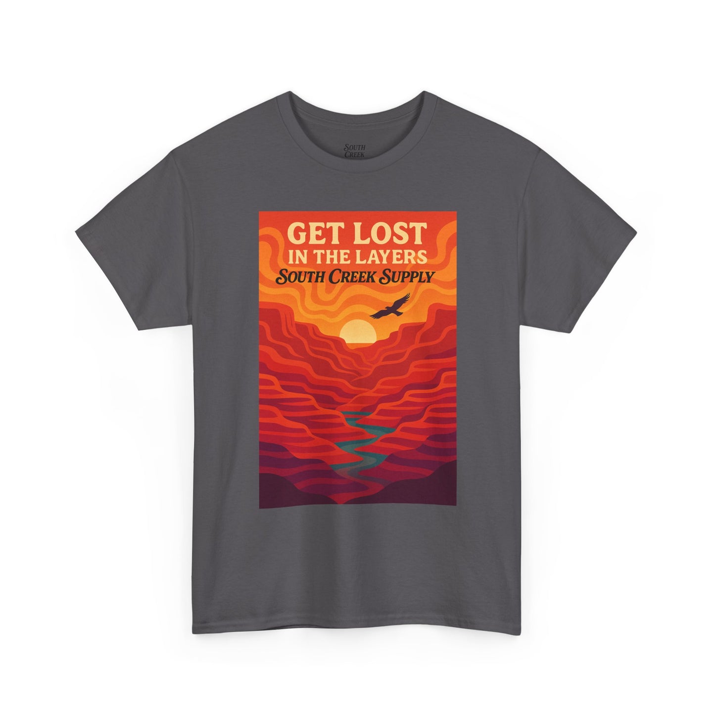 Get Lost in the Layers T‑Shirt — Retro Sunset Hiking Graphic Tee