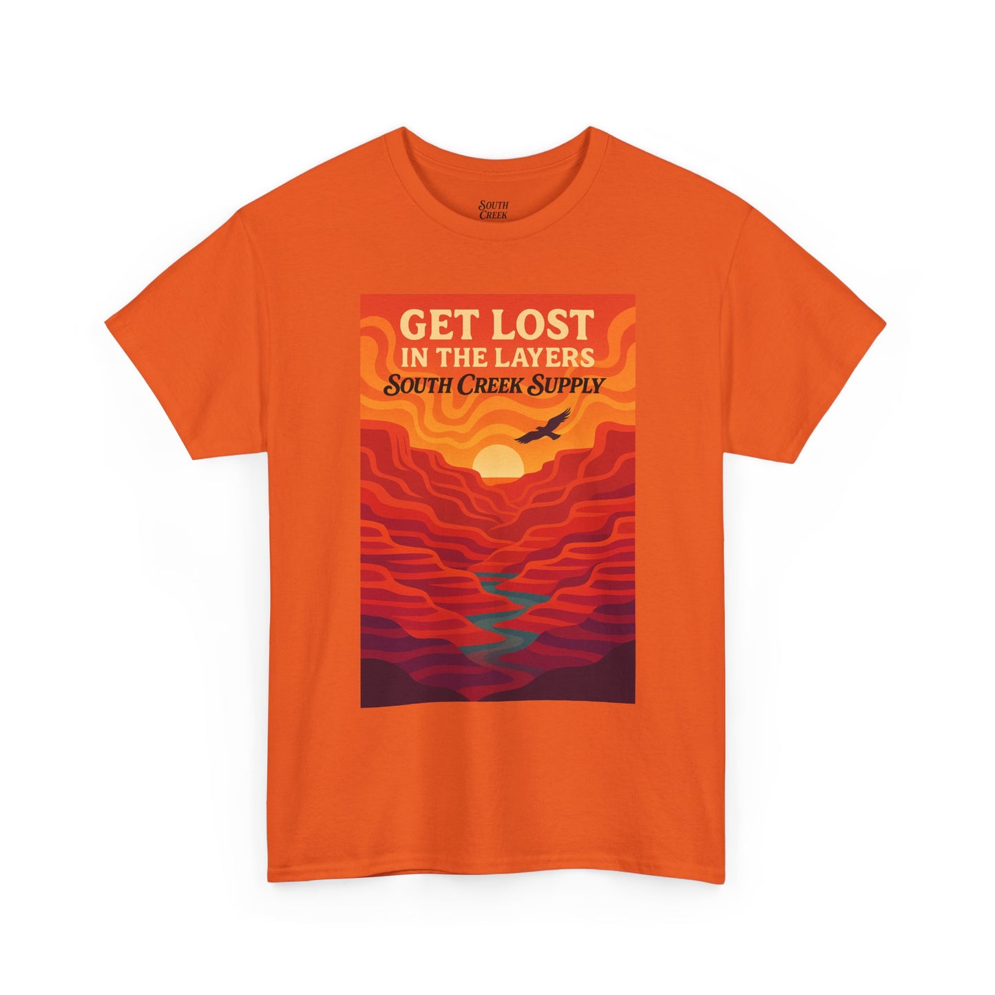 Get Lost in the Layers T‑Shirt — Retro Sunset Hiking Graphic Tee