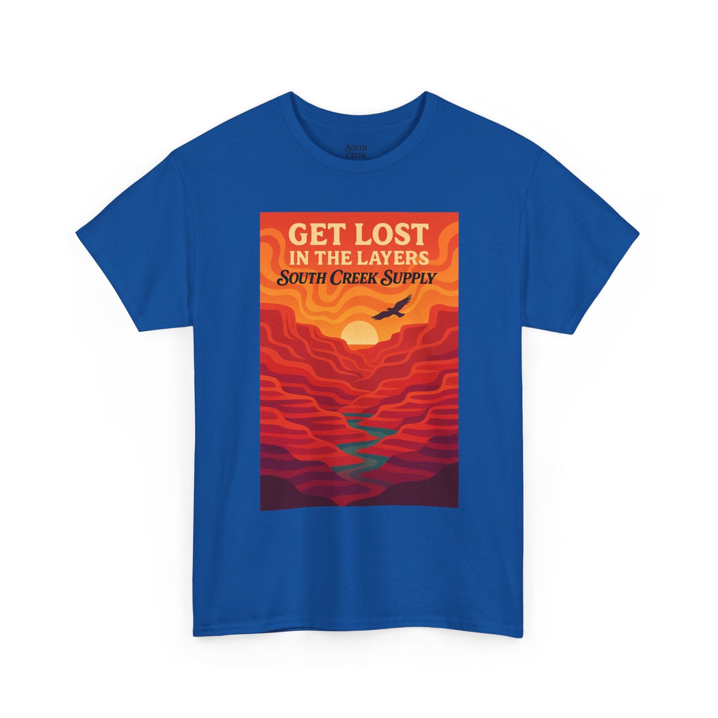 Get Lost in the Layers T‑Shirt — Retro Sunset Hiking Graphic Tee