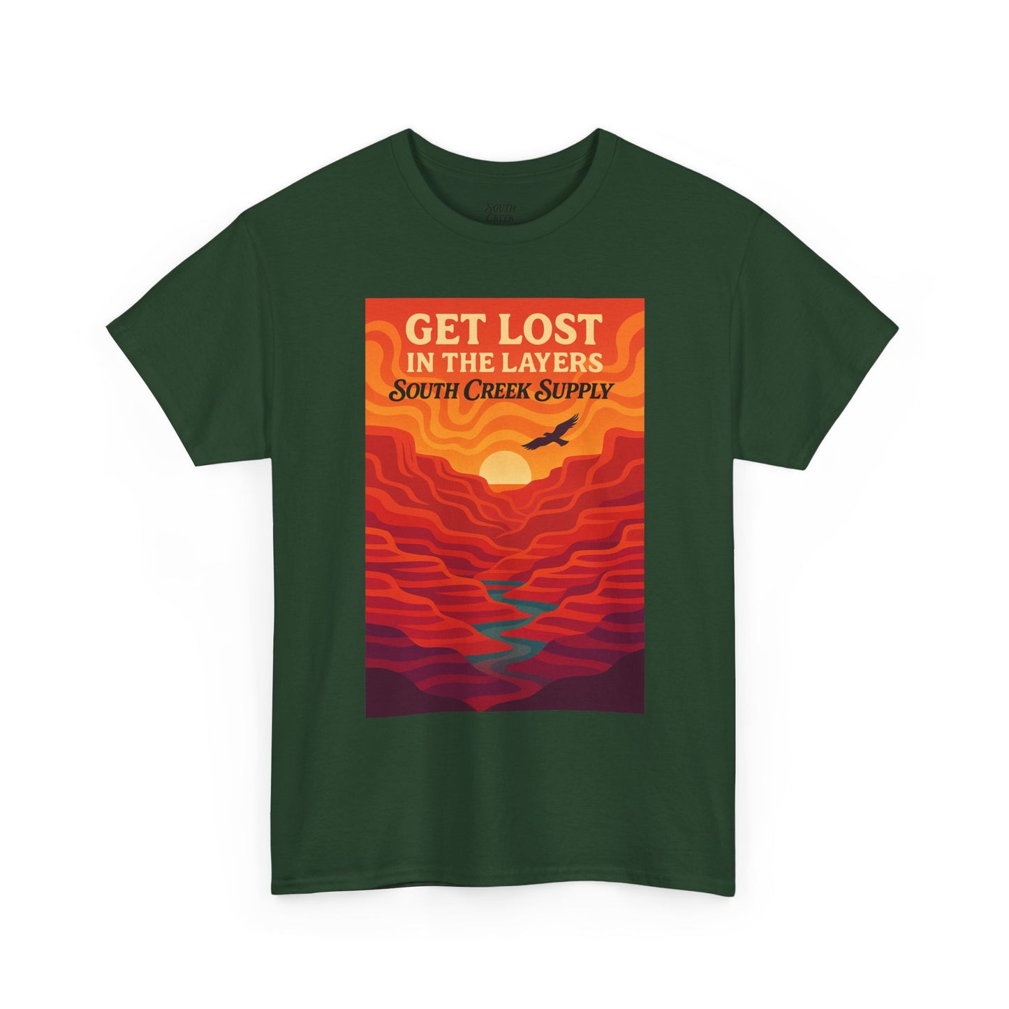 Get Lost in the Layers T‑Shirt — Retro Sunset Hiking Graphic Tee