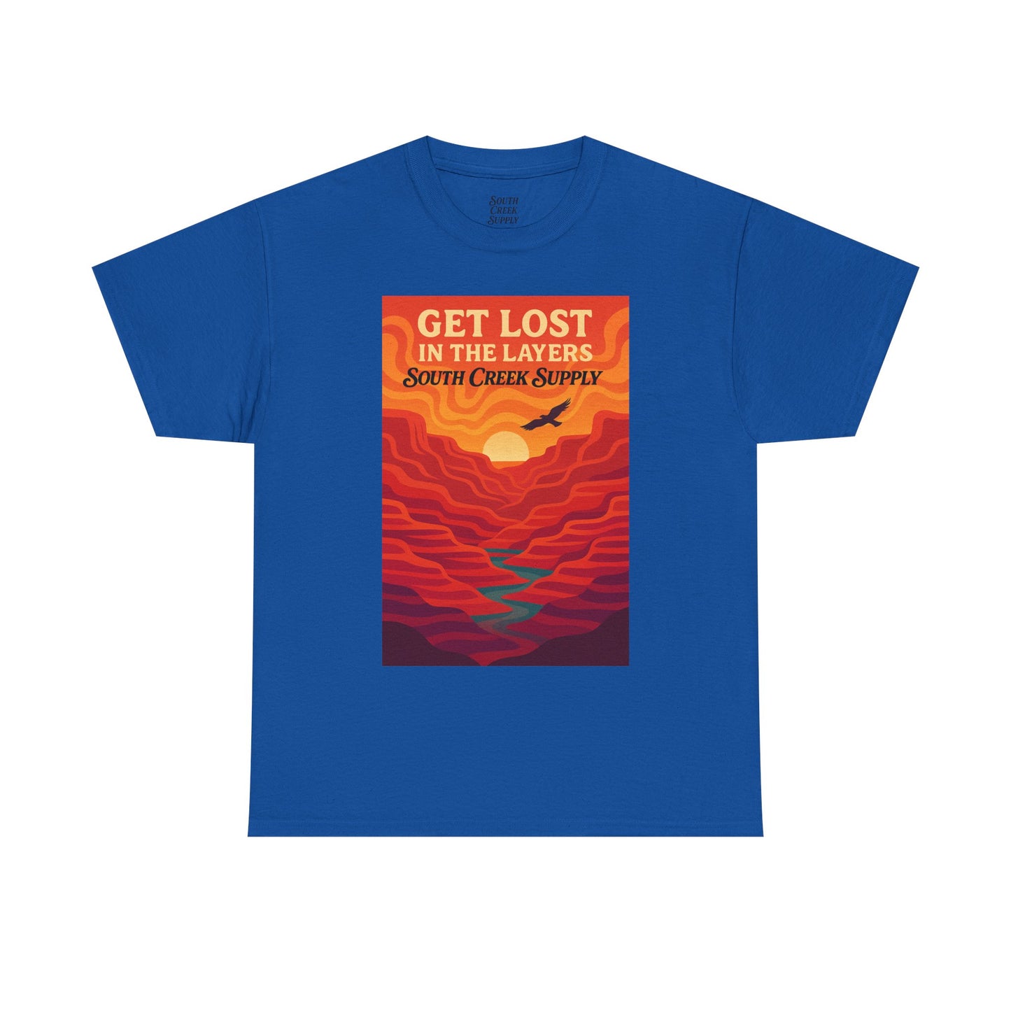 Get Lost in the Layers T‑Shirt — Retro Sunset Hiking Graphic Tee