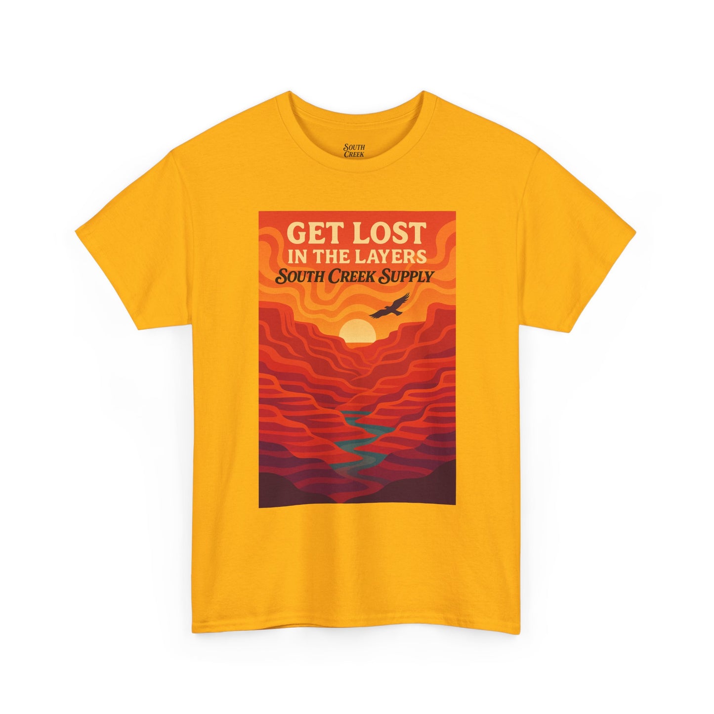 Get Lost in the Layers T‑Shirt — Retro Sunset Hiking Graphic Tee