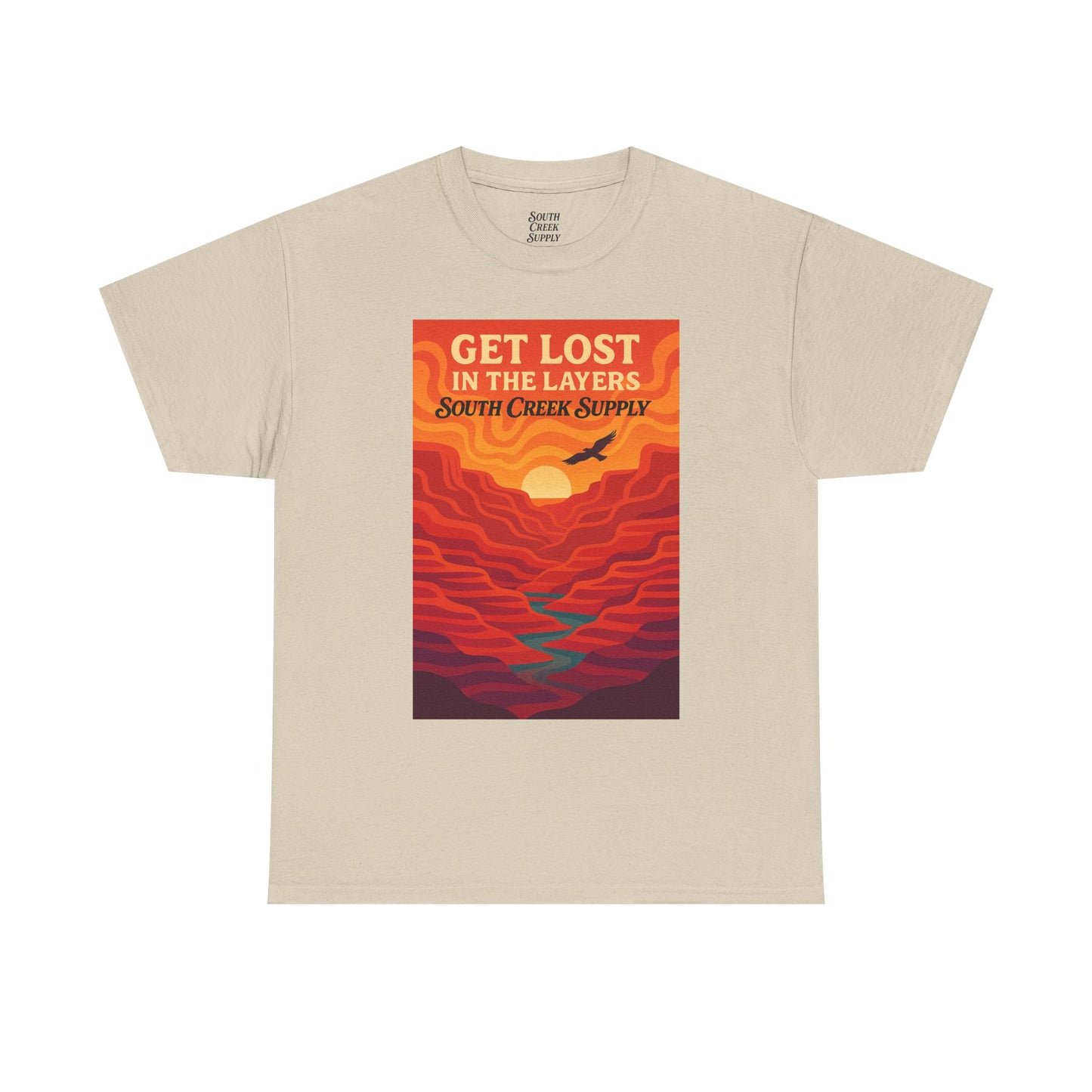 Get Lost in the Layers T‑Shirt — Retro Sunset Hiking Graphic Tee