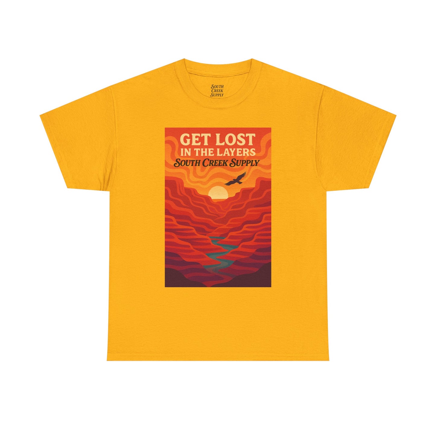 Get Lost in the Layers T‑Shirt — Retro Sunset Hiking Graphic Tee