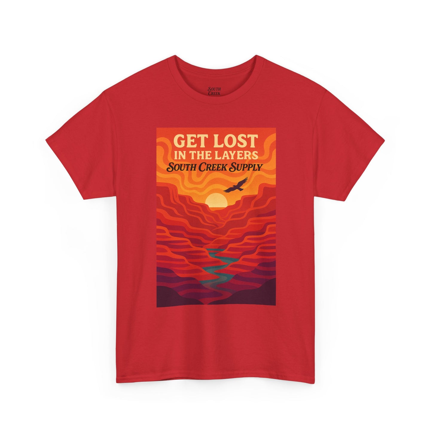 Get Lost in the Layers T‑Shirt — Retro Sunset Hiking Graphic Tee