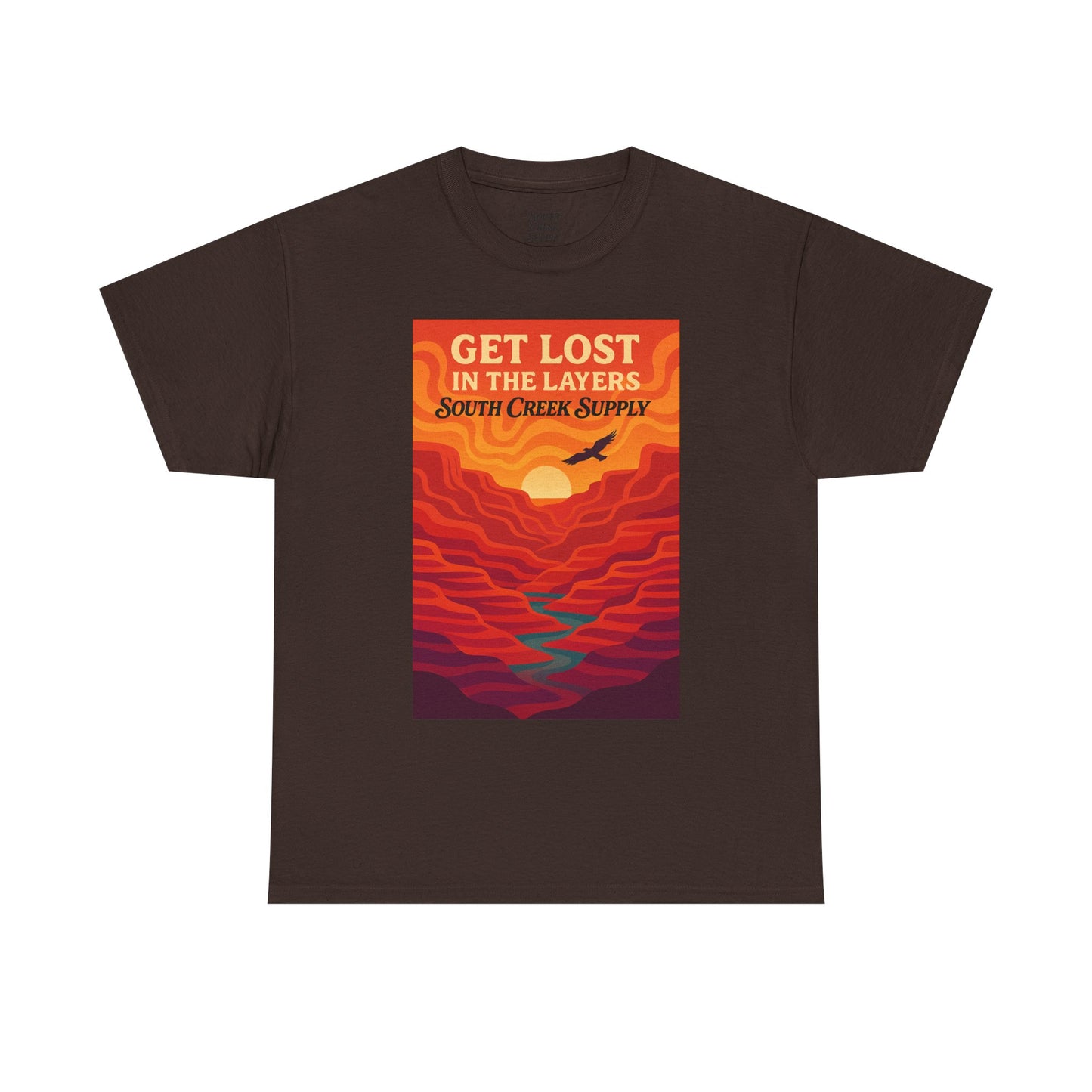 Get Lost in the Layers T‑Shirt — Retro Sunset Hiking Graphic Tee