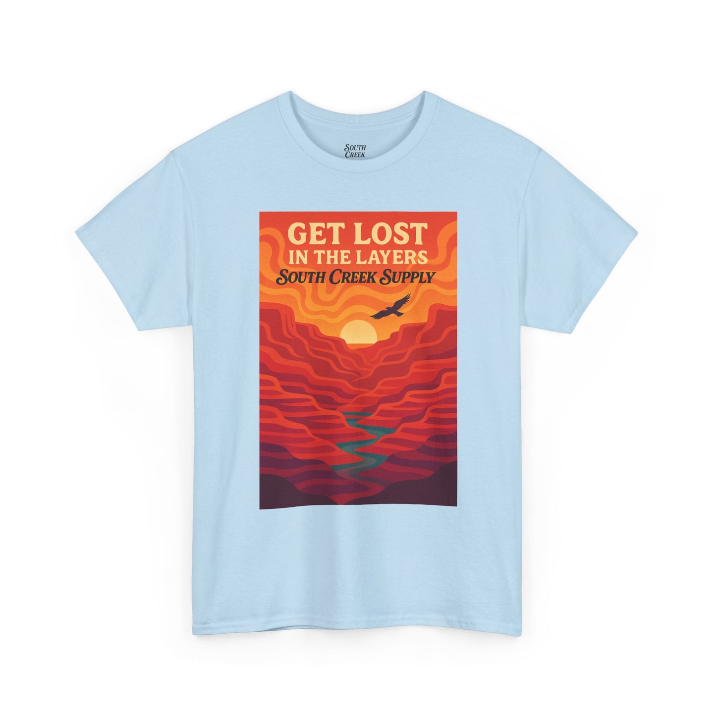 Get Lost in the Layers T‑Shirt — Retro Sunset Hiking Graphic Tee