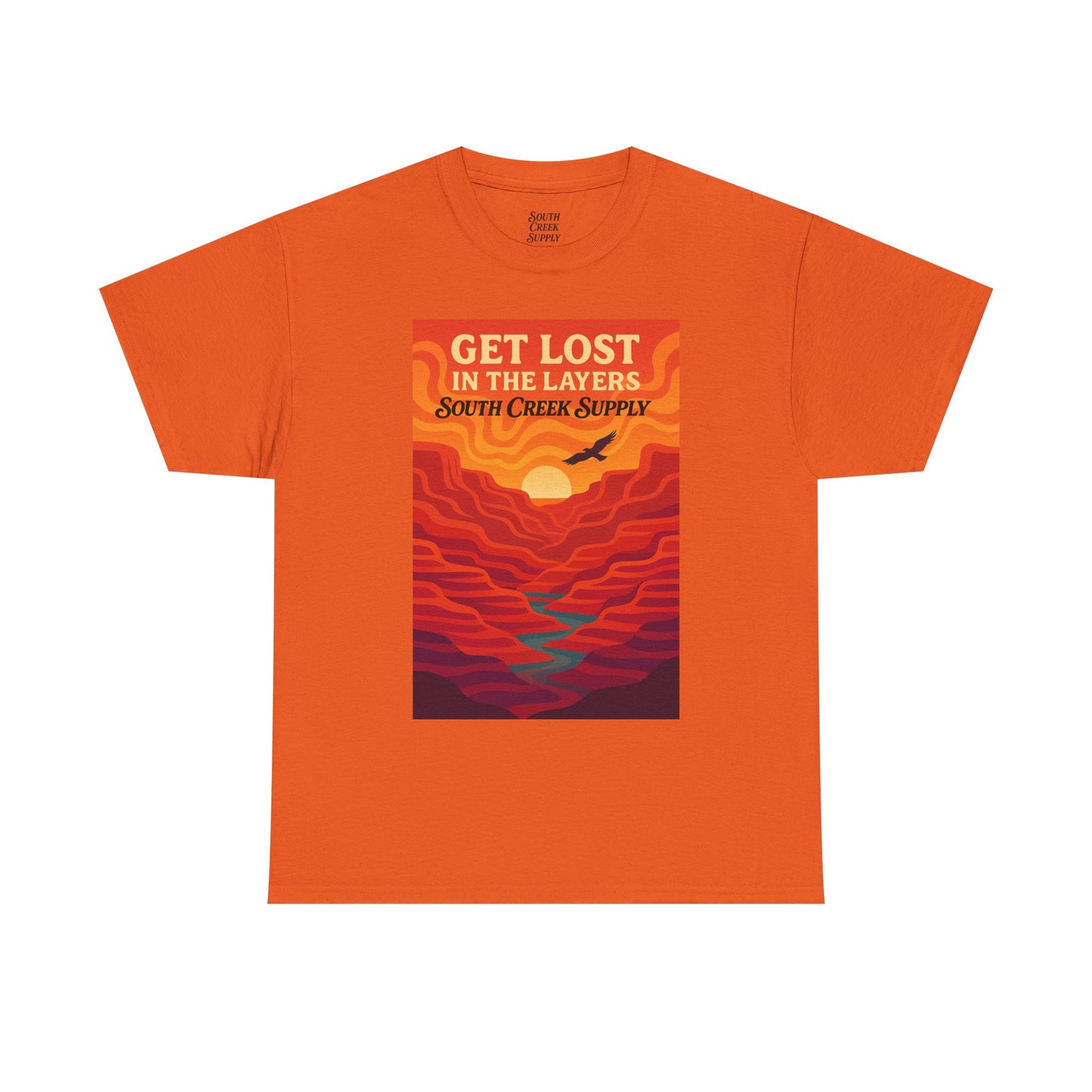 Get Lost in the Layers T‑Shirt — Retro Sunset Hiking Graphic Tee