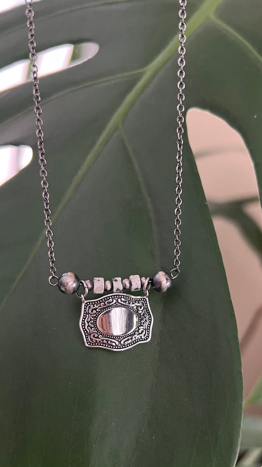 Silver belt buckle w Navajo pearls